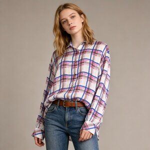 NWOT Johnny Was Plaid Rayon Soft Long Sleeves Oversized Shirt Blouse Size S